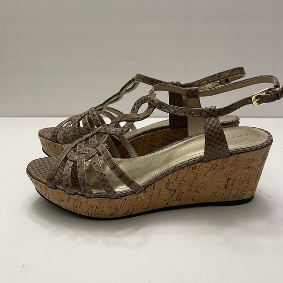 Tahari Star Cork Wedge Platform Tan Snakeskin Sandal Women's 8 M Shoes‎ Open Toe - Picture 4 of 10